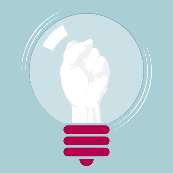  Collection of light bulbs and fists. Isolated on blue background. - Wektor, obraz