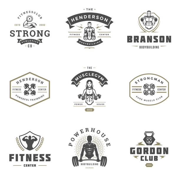Set fitness center and sport gym logos and badges design - Vettoriali, immagini