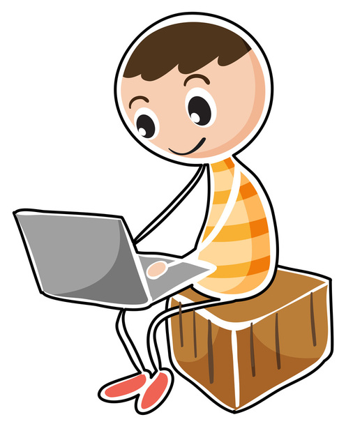 ein Mann sitzt in einem Würfel mit einem Laptop - Vektor, Bild