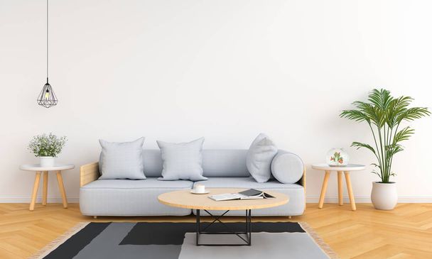 Szara sofa i stół w białym salonie na makietę, renderowanie 3D - Zdjęcie, obraz