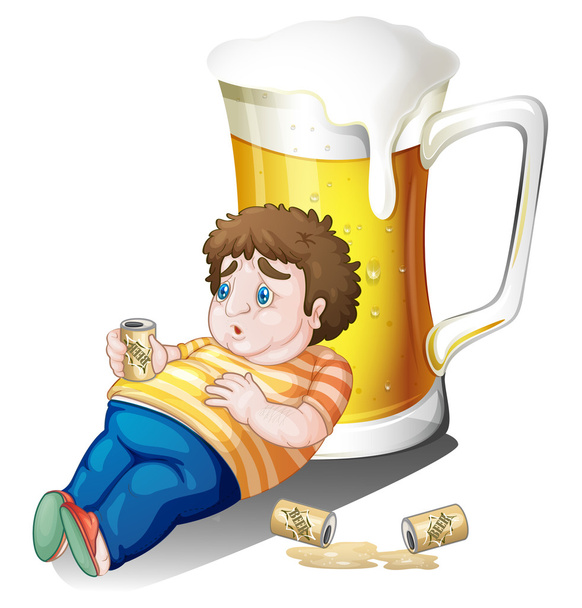 Um rapaz gordo com latas de cerveja perto de um copo grande
 - Vetor, Imagem