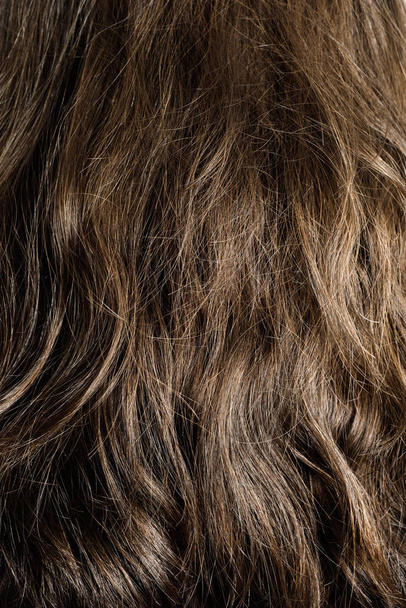 Nahaufnahme einer natürlichen Perücke mit langen braunen Haaren oder der Mähne einer brünetten Person von hinten gesehen - Foto, Bild
