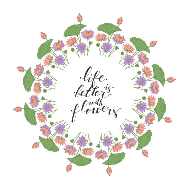 Card template with floral motif on white background, lotus flowers decoration, hand lettering life is better with flowers - Vector, imagen