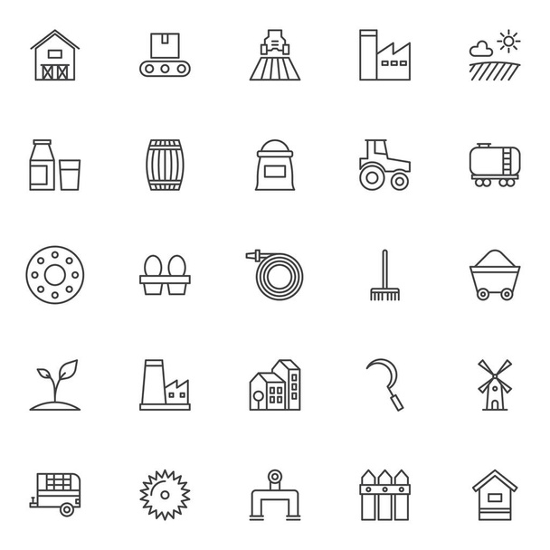 Farming outline icons set. linear style symbols collection, line signs pack. vector graphics. Set includes icons as barn house, conveyor, agricultural machinery, factory station, field with sun cloud - Vector, imagen