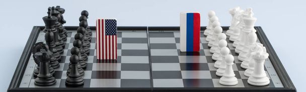 Symboles drapeau de la Russie et des États-Unis sur l'échiquier. Le concept de jeu politique
. - Photo, image