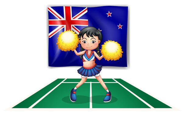 ένα χαριτωμένο cheerdancer μπροστά από τη σημαία της Νέας Ζηλανδίας - Διάνυσμα, εικόνα