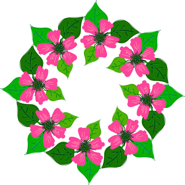 Abstract floral wreath or frame with pink flowers and green leaves. Decorative element for design. - Vektori, kuva