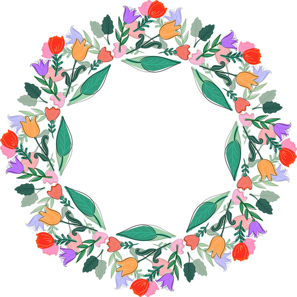 Abstracte bloemenkrans of frame met zomerse heldere bloemen en groene bladeren. Decoratief element voor ontwerp. - Vector, afbeelding