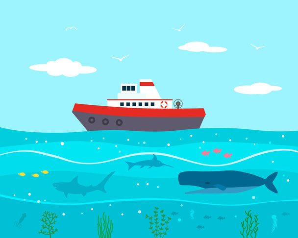 Ship in the sea with scenery of the underwater world and various fishes flat vector illustration - Vector, Image