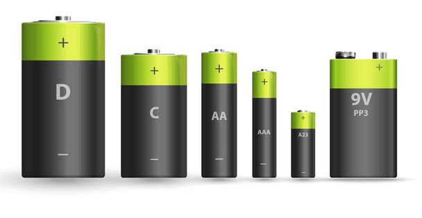 Conjunto de baterías alcalinas realistas verdes y negras, tipos difrentes aislados sobre fondo blanco. Ilustración vectorial
 - Vector, imagen