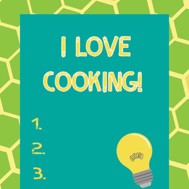 Escribiendo nota mostrando I Love Cooking. Exhibición de fotos de negocios Tener afecto por las artes culinarias preparar alimentos y postres
. - Foto, imagen