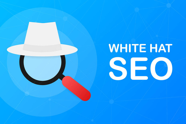 Баннер "White hat seo". Увеличитель и другие средства оптимизации поисковой системы и тактики. Векторная иллюстрация
. - Вектор,изображение