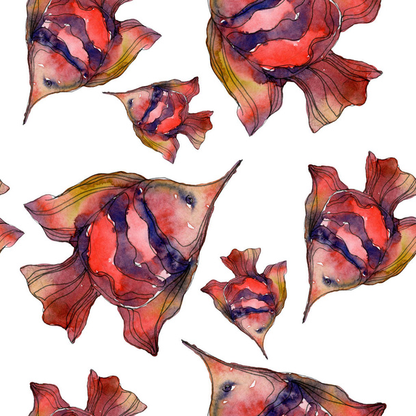 Red and blue aquatic underwater nature coral reef. Watercolor illustration set. Seamless background pattern. - Photo, image
