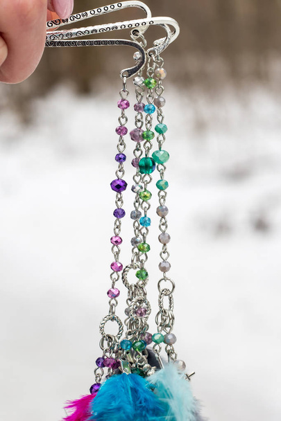 bookmark of Dream catcher with feathers threads and beads rope hanging. Dreamcatcher handmade - 写真・画像