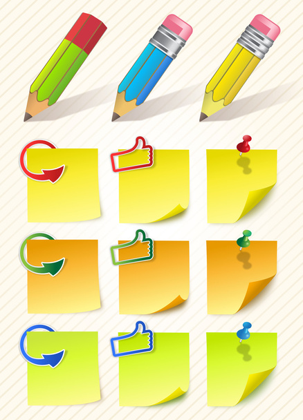 Set of notes, pencils and thumbtacks. - Vector, Image