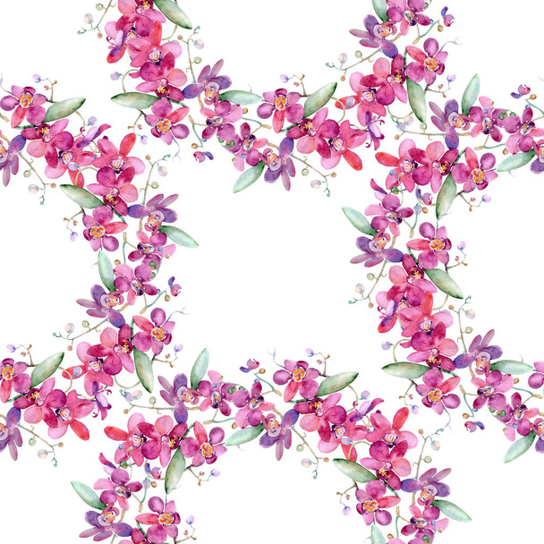 Pink orchid bouquet floral botanical flower. Watercolor background illustration set. Seamless background pattern. - Foto, Bild