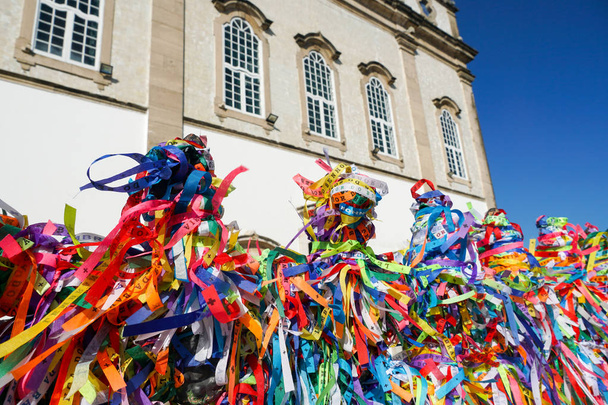 Igreja de Nosso Senhor do Bonfim, a catholic church located in Salvador, Bahia in Brazil. Famous touristic place where people make wishes while tie the ribbons in front of the church. - Photo, Image