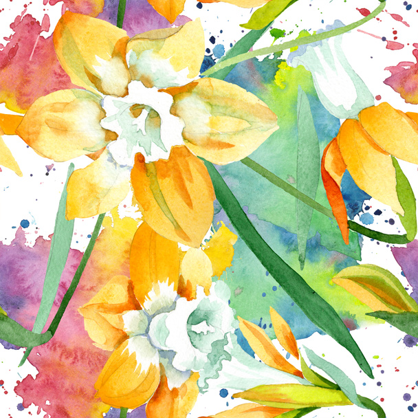 Gele narcis floral botanische bloem. Aquarel achtergrond afbeelding instellen. Naadloze achtergrondpatroon - Foto, afbeelding