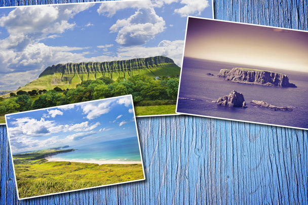 Ierse landschappen - postards concept op gekleurde houten achtergrond - Foto, afbeelding