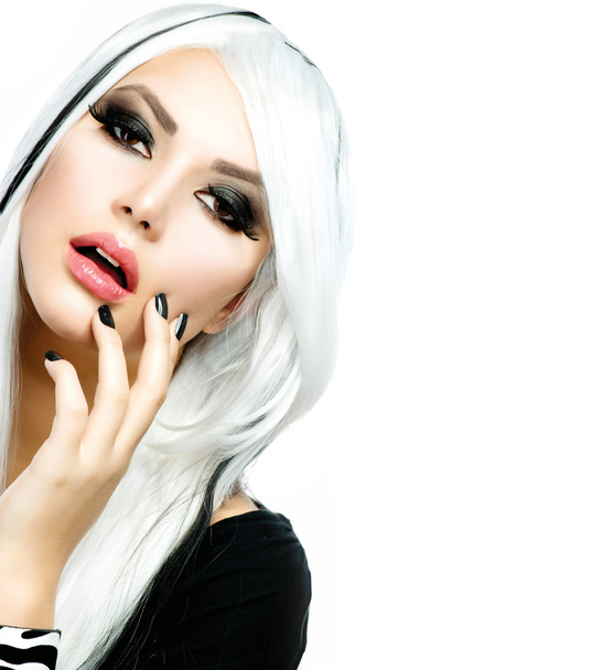 Beauty Fashion Girl black and white style. Long White Hair - Foto, Imagem