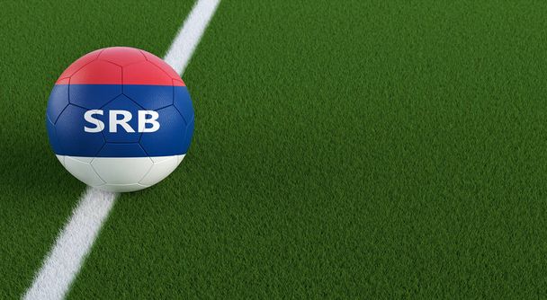 Pallone da calcio in colori nazionali serbi su un campo da calcio. Copia spazio sul lato destro - Rendering 3D
  - Foto, immagini