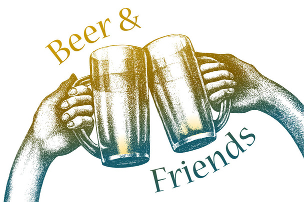 Friendship beer party illustration. Hands hold beer mugs. Image template for holiday beer fest poster. - Vektor, kép