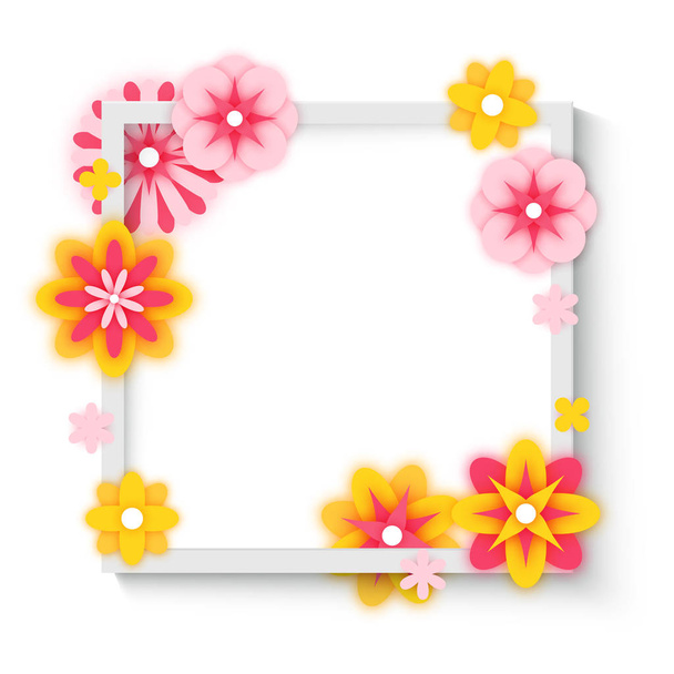 Decorative frame with colorful paper flowers, spring postcard background, vector illustration - Vetor, Imagem