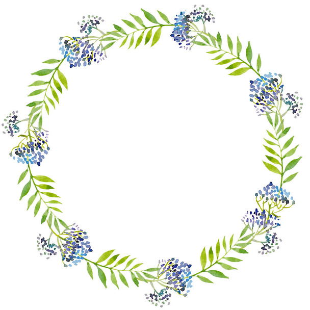 watercolor illustration wreath, green leaves and blue branches. Hand-drawing for greeting cards, greetings, prints - Fotoğraf, Görsel
