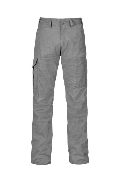 白い背景に分離されたパッチ ポケット付きカジュアル スタイリッシュなパンツ。灰色の男性デニム、カットアウト。ファッション、スタイル、服の概念 - 写真・画像