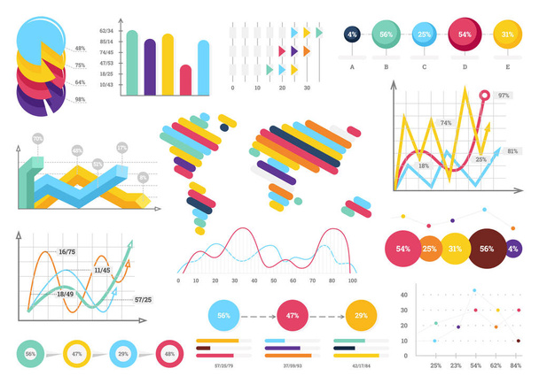 Set of most useful infographic elements - bar graphs, world map, pie charts, steps and options, workflow, puzzle, percents, circle diagram, timeline, vector illustration. - Vecteur, image