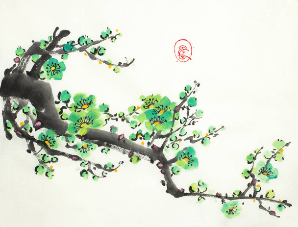 flowering plum branch on a light background - Fotó, kép