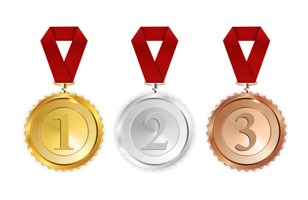 Vítěz zlaté, stříbrné a bronzové medaile s červenou stužkou ikona podepsat první, Secondand třetí místo kolekce sada izolovaných na bílém pozadí. Vektorové ilustrace Eps10 - Vektor, obrázek