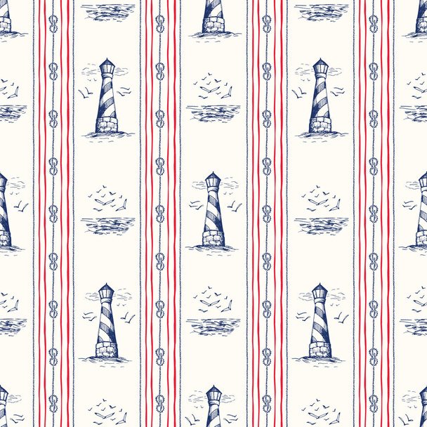 Vintage Hand-Drawn Rope Vertical Stripes with Lighthouse, Seagulls Scenery and Nautical Knots Vector Seamless Pattern - Vektor, obrázek
