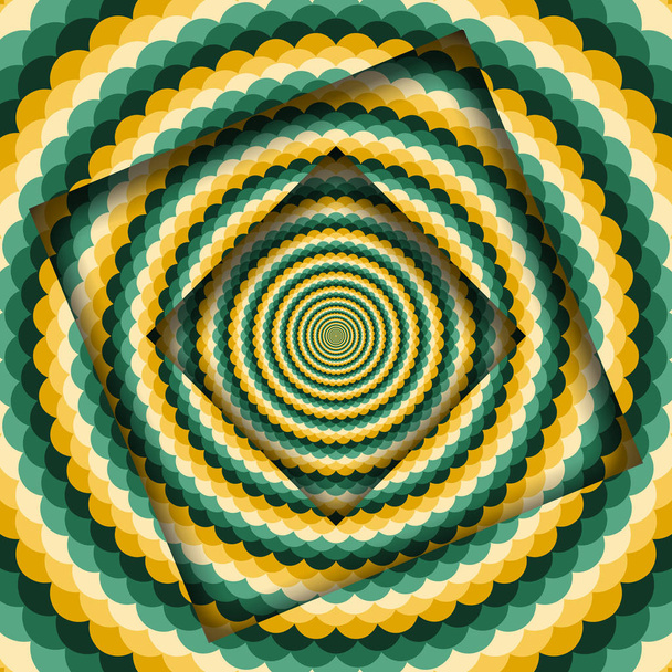 Abstract turned frames with a rotating green yellow wavy pattern. Optical illusion hypnotic background. - Vector, Image