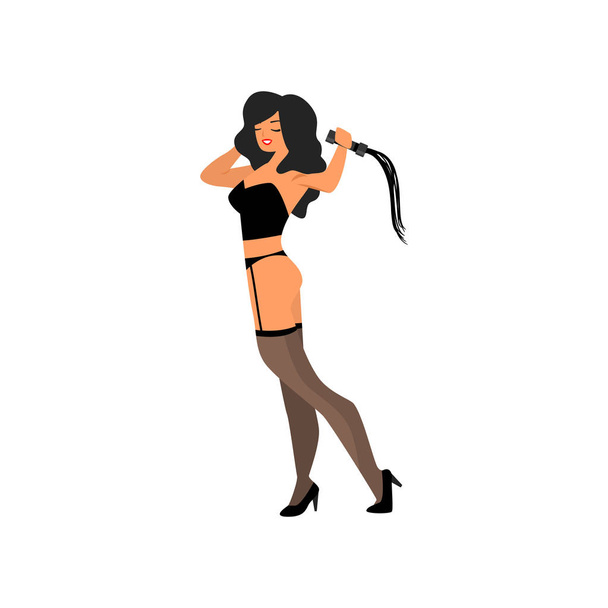 Femme séduisante se tient avec son dos portant corset, bas, culotte, chaussures à talons hauts avec fouet dans la main droite. Vue de derrière
 - Vecteur, image