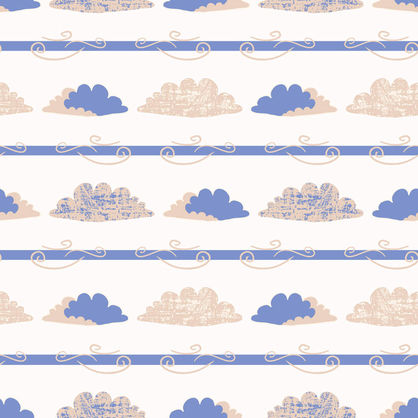 handgezeichnete Vektorwolken-Illustration. nahtlos wiederholendes Muster flauschiger Silhouette auf wolkenverhangenem weißem Himmelshintergrund. Kunst für bewölkte Computer-Kommunikation Tapete oder Web-Verbindungskonzept. - Vektor, Bild