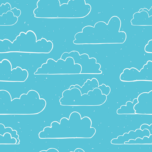 ●手描きベクトル雲図。曇り青空の背景にふわふわシルエットのシームレスな繰り返しパターン。曇ったコンピュータ通信の壁紙やウェブ接続の概念のためのアート. - ベクター画像