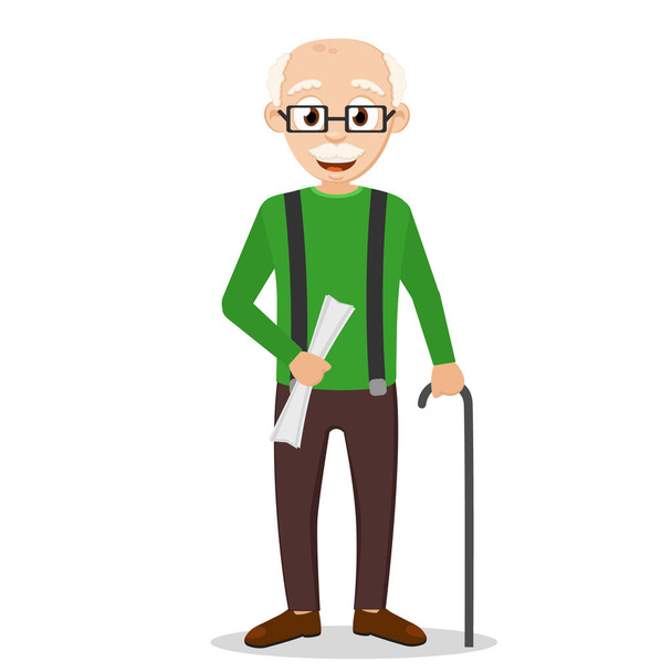 Old grandfather with a stick and a newspaper in his hand smiling on a white background. - Vector, Image