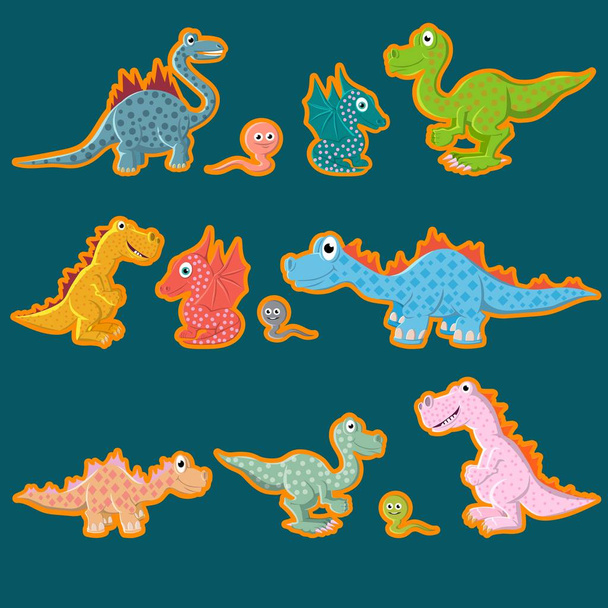 Una serie di etichette. Dinosauri preistorici, carnivori ed erbivori
. - Vettoriali, immagini