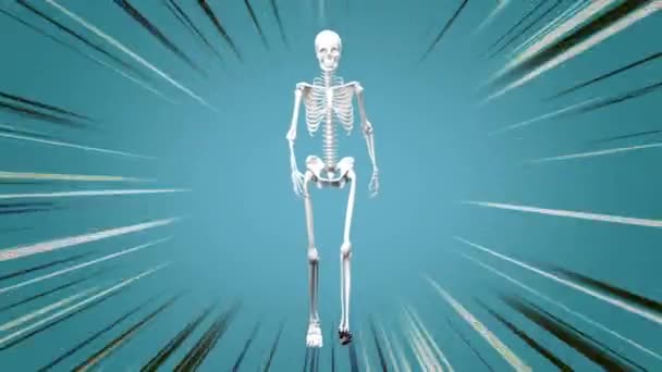 Digital animation of a human skeleton walking on a blue comic background - Materiał filmowy, wideo