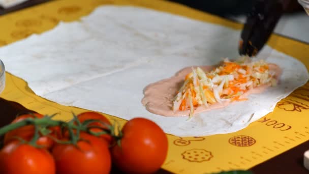 Making a shawarma or doner kebab with chicken meat and vegetables, wrapping in flat bread. Preparation of lavash to shawarma. - Footage, Video