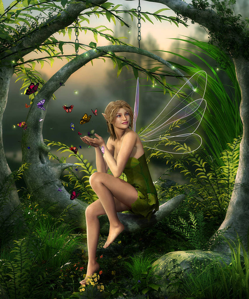 Όμορφη νεράιδα κορίτσι παίζει με πεταλούδες σε ένα μαγευτικό F - Φωτογραφία, εικόνα