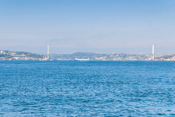 Panoramic view of Istanbul. Panorama cityscape of famous tourist destination Bosphorus strait channel. Travel landscape Bosporus, Turkey, Europe and Asia. - Foto, Imagem