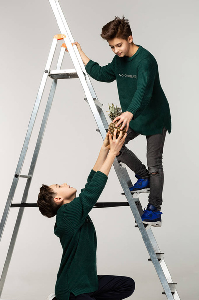 zwei Jungen Teenager in grünen Pullovern, einer steht auf Leiter, der andere reicht ihm Ananas - Foto, Bild