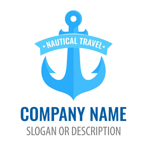 Insignia para empresa de viajes náuticos con ancla en color azul. Ilustración de logotipos vectoriales en forma de blasón con título, título y eslogan
. - Vector, imagen