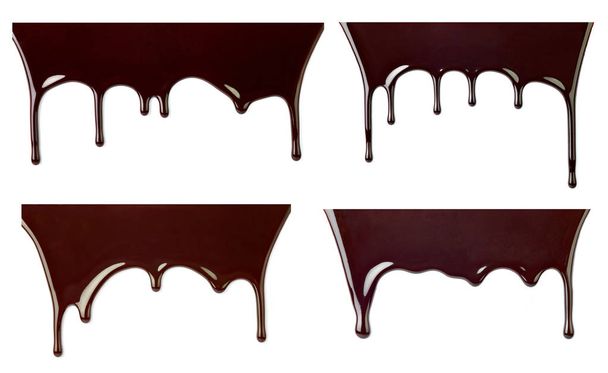 coleção de vários xarope de chocolate vazando no fundo branco. cada um é baleado separadamente
 - Foto, Imagem