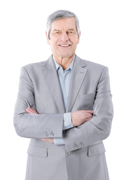senior businessman standing with arms crossed on white background - Fotoğraf, Görsel