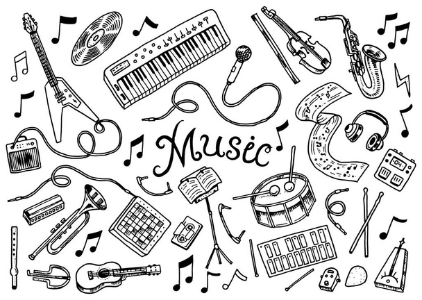 Σύνολο μουσικά σύμβολα και εικονίδια. Κιθάρα πιάνο τύμπανα, δημιουργικά εργαλεία και χόμπι. Vintage διάρθρωσης σκίτσο για πανό για το διαδίκτυο. Έννοια της εκπαίδευσης. Πίσω στο σχολείο με φόντο. Χέρι που στυλ Doodle. - Διάνυσμα, εικόνα