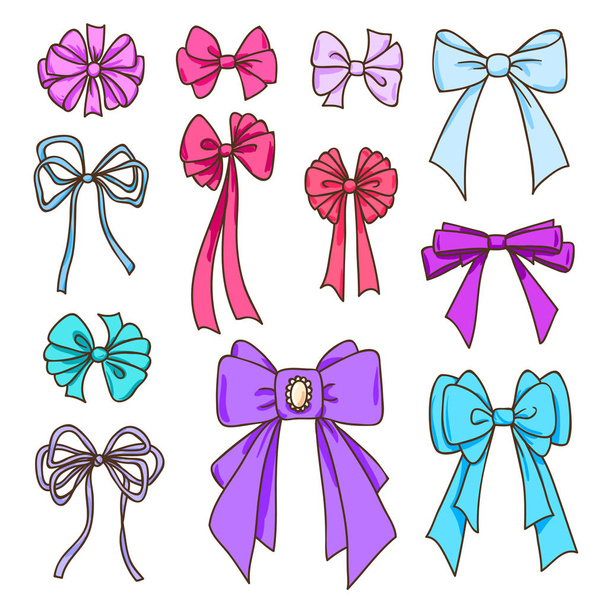 Set of color bows for the design congratulatory cards, gifts, souvenirs. Drawing sketches - Wektor, obraz