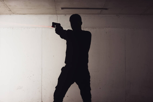 Silhouette eines bewaffneten Mannes, der seine Waffe hält und mit seinem Laserstrahl auf eine Zielscheibe zeigt. - Foto, Bild
